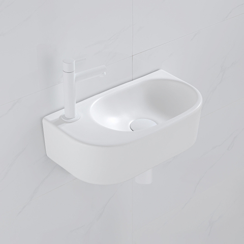 QeramiQ Fuente pack lave-mains – demi-rond – 40 x 21,5 x 12 cm – céramique blanc mat – robinet blanc mat SW1232802