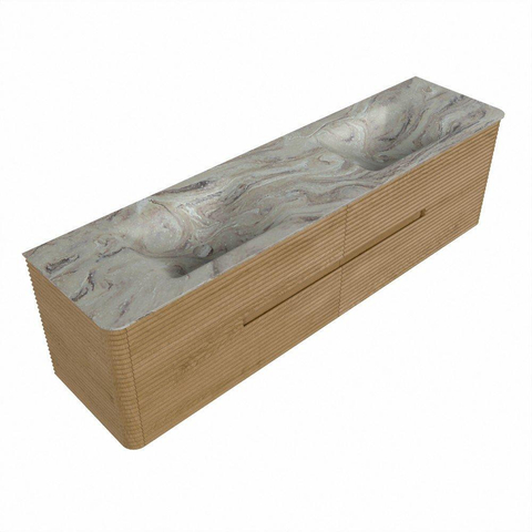 Mondiaz CIRO-DLUX Meuble de salle de bains - 180x45x50cm - Plan vasque solid surface Glace - 2 vasques Double - sans trous de robinet - 4 tiroirs - Chêne SW1530854