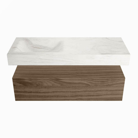 Mondiaz ALAN-DLUX 120cm badmeubel onderkast Mocha 1 lade. Vrijhangende wastafel CLOUD links zonder kraangat. kleur Ostra. SW1182446