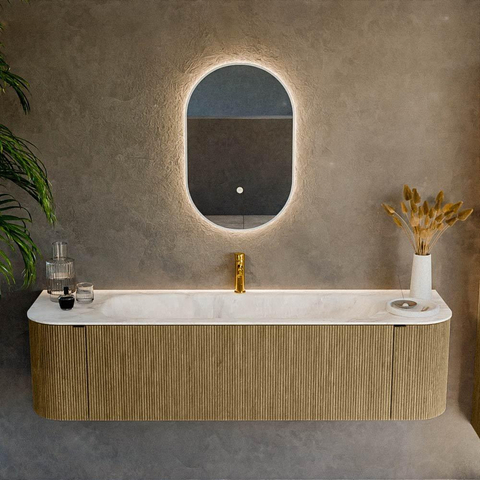 Mondiaz KURVE-DLUX Ensemble de meubles de salle de bains - 170x46x40cm - 1 tiroir - 2 portes - lavabo solid surface - central - 1 trou de robinet - Dusk SW1415008