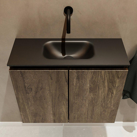 MONDIAZ TURE Toiletmeubel 60x23x50cm met 0 kraangaten 2 deuren dark brown mat Wastafel Eden midden Solid Surface Zwart SW475527