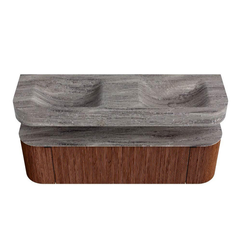 MONDIAZ THOR-DLUX 150cm meuble de salle de bains arrondi gauche + droite couleur Ruby avec 1 tiroir et 2 portes. Vasque suspendue CLOUD Double sans trou de robinet couleur Oza. SW1464857