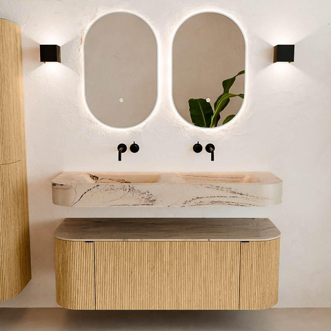 MONDIAZ THOR-DLUX 130cm meuble de salle de bains arrondi gauche + droite couleur Oak avec 1 tiroir et 2 portes. Vasque suspendue CLOUD Double sans trou de robinet couleur Arena. SW1463750