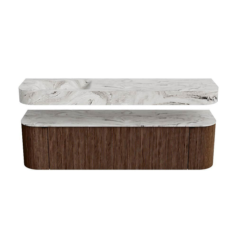 MONDIAZ THOR-DLUX 170cm meuble de salle de bains arrondi gauche + droite couleur Walnut avec 1 tiroir et 2 portes. Vasque suspendue CLOUD Gauche sans trou de robinet couleur Glace. SW1465573
