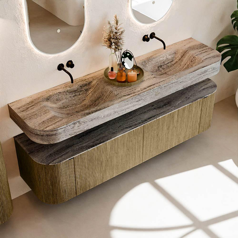MONDIAZ THOR-DLUX 180cm meuble de salle de bains arrondi gauche + droite couleur Dusk avec 2 tiroirs et 2 portes. Vasque suspendue CLOUD Double sans trou de robinet couleur Oza. SW1466308