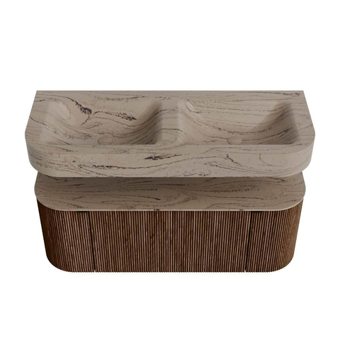 MONDIAZ THOR-DLUX 120cm meuble de salle de bains arrondi gauche + droite couleur Walnut avec 1 tiroir et 2 portes. Vasque suspendue CLOUD Double 2 trous de robinet couleur Arena. SW1463399