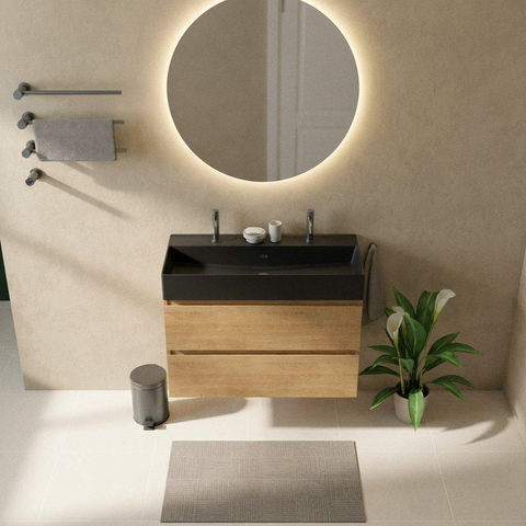Saniclass Holz Pure Badkamermeubelset - 100x45x72cm - Legend keramische wastafel mat zwart - 1 wasbak - 2 kraangaten - 2 lades - mat eiken natural (hout) SW1580189