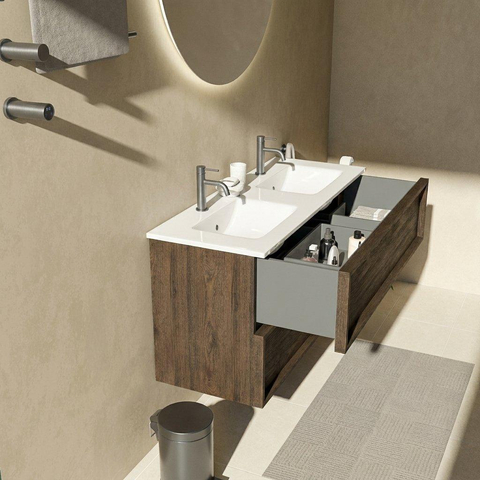 Saniclass Holz Frame Ensemble de meubles de salle de bains - 120x45x62cm - lavabo Vygo en céramique blanc - 2 vasques - 2 trous de robinetterie - 2 tiroirs - chêne charcoal mat (bois) SW1579939