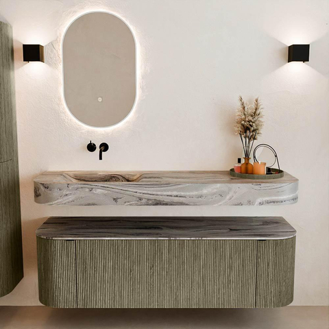 MONDIAZ THOR-DLUX 150cm meuble de salle de bains arrondi gauche + droite couleur Shadow avec 1 tiroir et 2 portes. Vasque suspendue CLOUD Gauche sans trou de robinet couleur Sombra. SW1464914