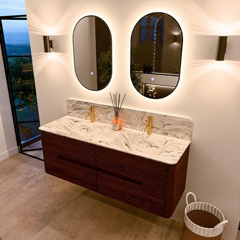 Mondiaz CIRO-DLUX Meuble de salle de bains - 140x45x50cm - Plan vasque solid surface Glace - 2 vasques Double - 2 trous de robinetterie - 4 tiroirs - Ruby SW1531696