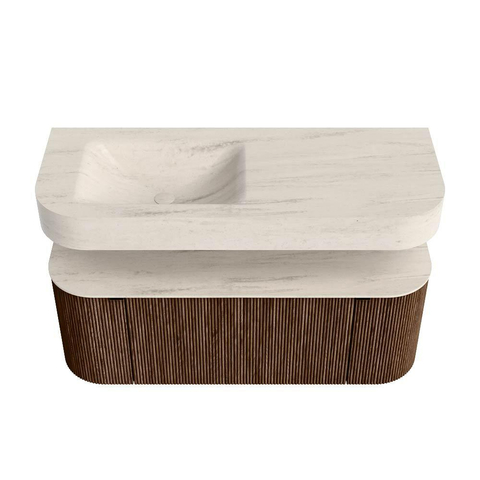MONDIAZ THOR-DLUX 120cm meuble de salle de bains arrondi gauche + droite couleur Walnut avec 1 tiroir et 2 portes. Vasque suspendue CLOUD gauche 1 trou de robinet couleur Meli. SW1463321