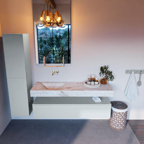 Mondiaz ALAN-DLUX Ensemble de meuble - 150cm - meuble Clay mat - 1 tiroir - Lavabo Cloud Frappe suspendu - vasque Gauche - 0 trous de robinet SW805365