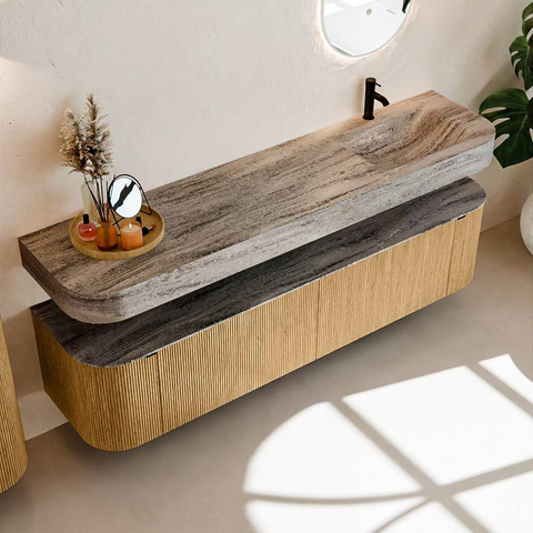 MONDIAZ THOR-DLUX Meuble de salle de bains 190cm arrondi gauche + droite couleur Oak avec 2 tiroirs et 2 portes. Vasque suspendue CLOUD Droite 1 trou de robinet couleur Oza. SW1466805