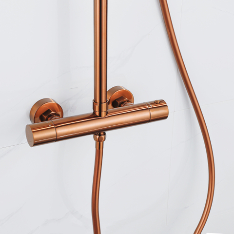 Fortifura Calvi Regendoucheset - thermostatisch - 25cm - hoofddouche - gladde slang - staaf handdouche - PVD - geborsteld koper SW1204398