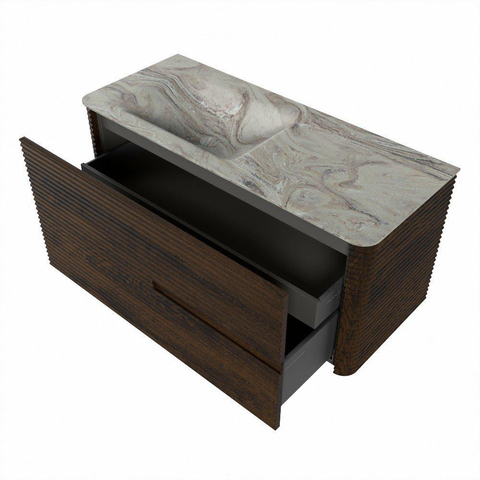 Mondiaz CIRO-DLUX Ensemble de meubles de salle de bains - 110x45x50cm - vasque solid surface Glace - 1 bassin à gauche - sans trous de robinet - 2 tiroirs - Noyer SW1530263