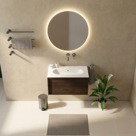 Saniclass Holz Frame Ensemble de meubles de salle de bains - 80x45x53.9cm - lavabo Chaci en céramique blanc - 1 vasque - sans trou de robinetterie - 1 tiroir - chêne charcoal mat (bois) SW1478792