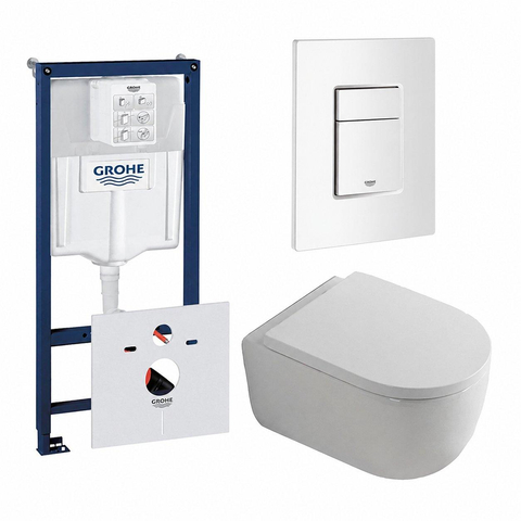 QeramiQ Dely Swirl Toiletset - 36.5x 53cm - Grohe Rapid inbouwreservoir - 35mm zitting - witte bedieningsplaat - rechthoekige knoppen - wit mat SW1138626