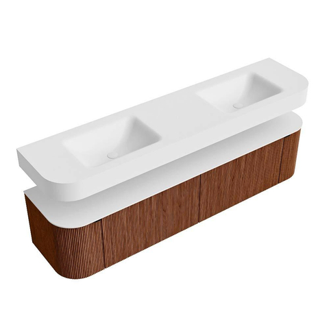 MONDIAZ THOR 190cm meuble de salle de bains arrondi gauche + droite couleur Ruby avec 2 tiroirs et 2 portes. Vasque suspendue CLOUD Double sans trou de robinet couleur Talc. SW1467704