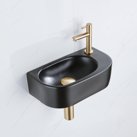 Fugaflow Efficiente Pietra Ensemble lave-mains - 40x21,5x12cm - droite - lisse - demi-rond - 1 trou de robinet - céramique - robinet de lave-mains laiton brossé - bonde - siphon abaissé - noir mat SW1442371