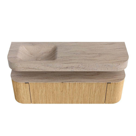 MONDIAZ THOR-DLUX 150cm badmeubel ronding links + rechts kleur Oak met 1 lade en 2 deuren. Vrijhangende wastafel CLOUD Links 1 kraangat kleur Saba. SW1464849