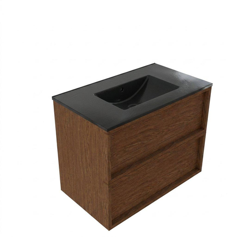 Saniclass Holz Frame Badkamermeubelset - 80x45x62cm - Vygo keramische wastafel zwart - 1 wasbak - zonder kraangat - 2 lades - mat walnut pure (hout) SW1580005