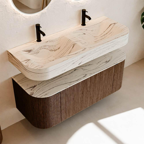 MONDIAZ THOR-DLUX 120cm badmeubel ronding links + rechts kleur Walnut met 1 lade en 2 deuren. Vrijhangende wastafel CLOUD Dubbel 2 kraangaten kleur Nata. SW1463349