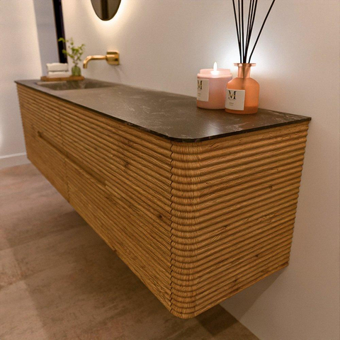 Mondiaz CIRO-DLUX Badkamermeubelset - 180x45x50cm - Solid surface wastafel Lava - 1 wasbak Links - zonder kraangaten - 4 lades - Oak SW1531003