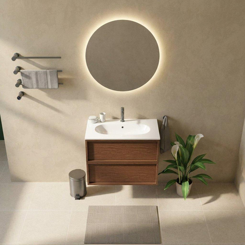 Saniclass Holz Frame Badkamermeubelset - 80x45x73.9cm - Chaci keramische wastafel wit - 1 wasbak - 1 kraangat - 2 lades - mat walnut pure (hout) SW1579998