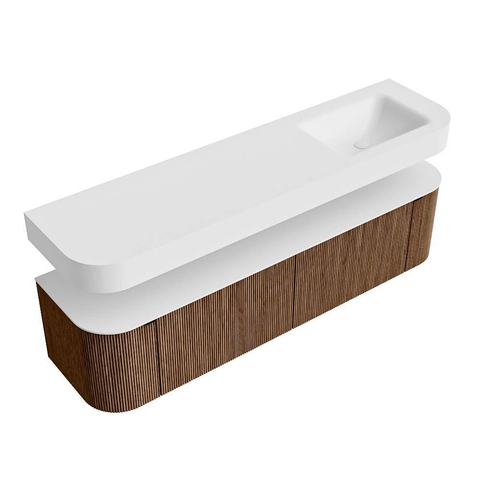 MONDIAZ THOR 180cm badmeubel ronding links + rechts kleur Walnut met 2 lades en 2 deuren. Vrijhangende wastafel CLOUD Rechts 1 kraangat kleur Talc. SW1465931