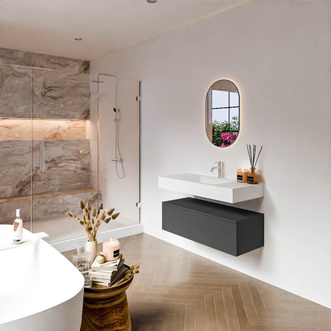 MONDIAZ ALAN Ensemble meuble de salle de bains - 100cm - meuble bas Dark Grey - 1 tiroir - Vasque suspendue CLOUD - centre - 1 trou de robinet - Talc SW1190265