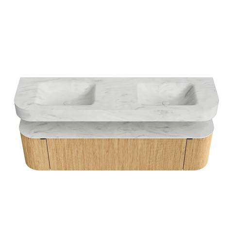 MONDIAZ THOR-DLUX 170cm badmeubel ronding links + rechts kleur Oak met 1 lade en 2 deuren. Vrijhangende wastafel CLOUD Dubbel zonder kraangat kleur Opalo. SW1465424