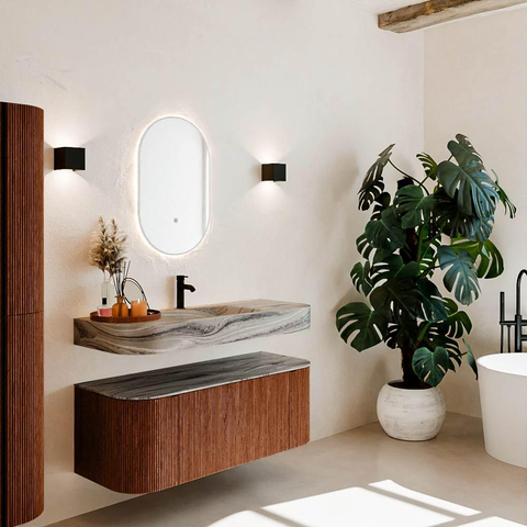 MONDIAZ THOR-DLUX 120cm meuble de salle de bains arrondi gauche + droite couleur Ruby avec 1 tiroir et 2 portes. Vasque suspendue CLOUD Milieu 1 trou de robinet couleur Sombra. SW1463676