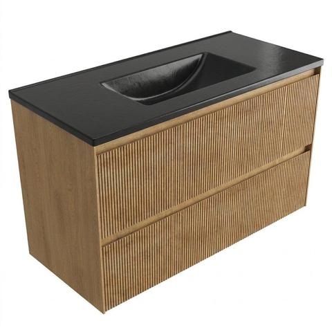 Saniclass Holz Atelier Badkamermeubelset - 100x45x62cm - Vygo keramische wastafel zwart - 1 wasbak - zonder kraangat - 2 lades - mat eiken natural (hout) SW1478960