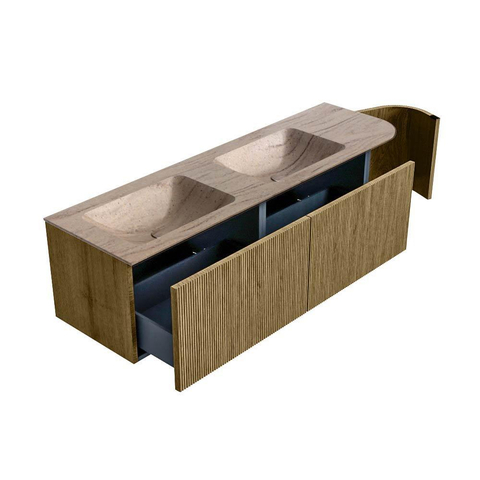 MONDIAZ KURVE-DLUX Meuble de salle de bains 155cm arrondi à droite couleur Dusk avec 2 tiroirs et 1 porte. Lavabo LEAF Double / Gauche 2 trous de robinet Saba. SW1433386