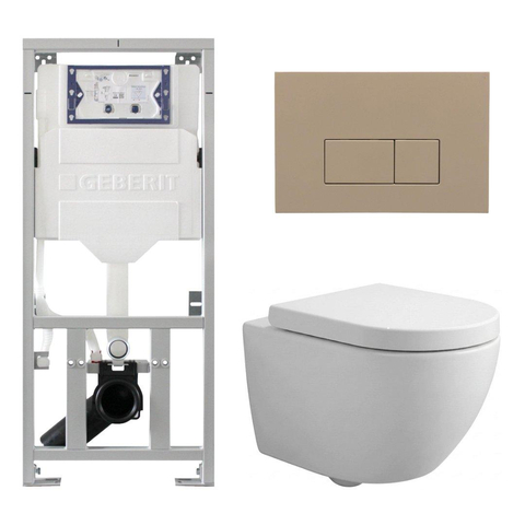 Pack WC QeramiQ Dely Swirl Compact - réservoir encastrable Geberit UP320 - avec bâti-support Burda - abattant 25 mm - plaque de commande en plastique taupe - boutons rectangulaires - blanc mat SW1595676