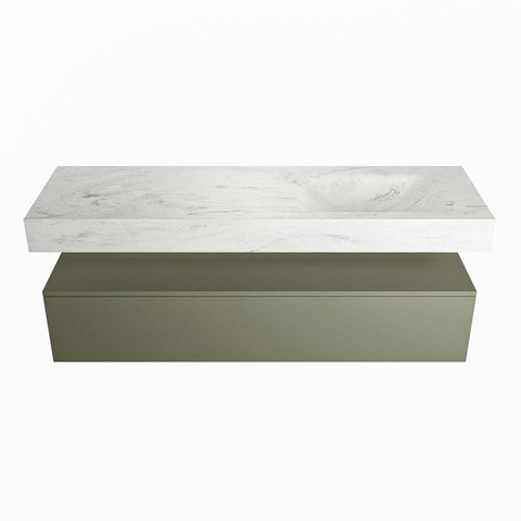 Mondiaz ALAN-DLUX Ensemble de meuble - 150cm - meuble Army mat - 1 tiroir - Lavabo Cloud Opalo suspendu - vasque Droite - 0 trous de robinet SW806649