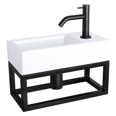 Differnz Ravo fonteinset – 38.5x18.5x25 cm – keramiek wit glans – gebogen mat zwarte kraan – met zwart frame SW373162