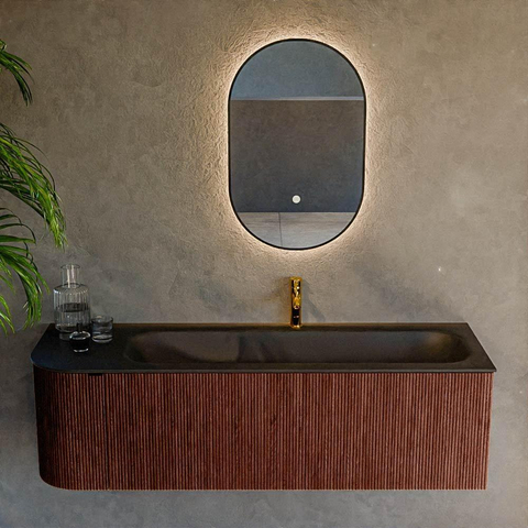 Mondiaz KURVE Ensemble de meuble de salle de bains - 145x46x40cm - 1 tiroir - 1 porte - lavabo solid surface - droite - 1 trou de robinet - Ruby SW1415349