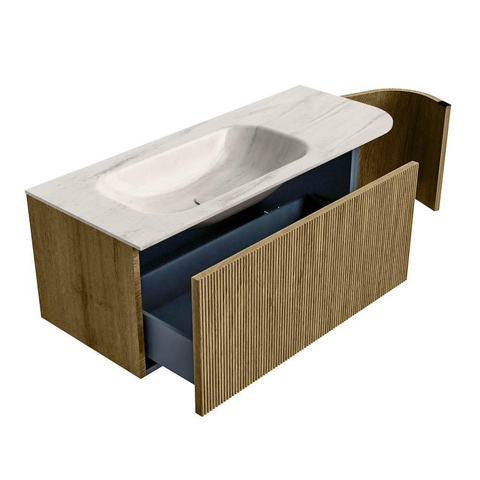 MONDIAZ KURVE-DLUX meuble de salle de bains 115cm arrondi à droite couleur Dusk avec 1 tiroir et 1 porte. Lavabo BIG SMALL à gauche 1 trou de robinet Meli. SW1431891