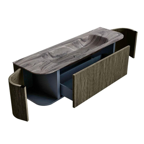 MONDIAZ KURVE-DLUX 150cm badmeubel ronding Links + Rechts kleur Shadow met 1 lade en 2 deuren. Wastafel BIG MEDIUM Midden 1 kraangat Sombra. SW1433767