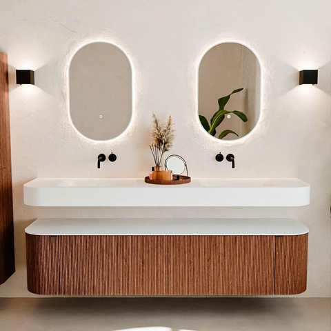 MONDIAZ THOR 190cm meuble de salle de bains arrondi gauche + droite couleur Ruby avec 2 tiroirs et 2 portes. Vasque suspendue CLOUD Double sans trou de robinet couleur Talc. SW1467704