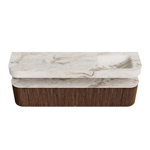 MONDIAZ THOR-DLUX 190cm badmeubel ronding links + rechts kleur Walnut met 2 lades en 2 deuren. Vrijhangende wastafel CLOUD Rechts 1 kraangat kleur Frappe. SW1466415