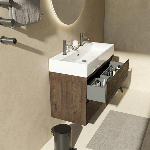 Saniclass Holz Pure Ensemble de meuble de salle de bains - 100x45x72cm - vasque en céramique Legend blanche - 1 vasque - 2 trous de robinetterie - 2 tiroirs - chêne charcoal mat (bois) SW1478503