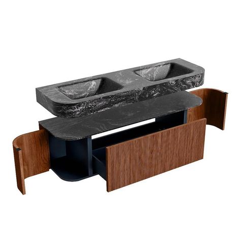MONDIAZ THOR-DLUX 150cm badmeubel ronding links + rechts kleur Ruby met 1 lade en 2 deuren. Vrijhangende wastafel CLOUD Dubbel 2 kraangaten kleur Lava. SW1464574