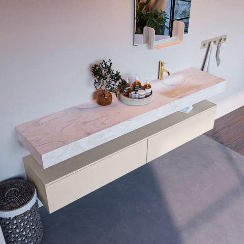 Mondiaz ALAN-DLUX Ensemble de meuble - 200cm - meuble Linen mat - 2 tiroirs - Lavabo Cloud Ostra suspendu - vasque Droite - 1 trou de robinet SW807289