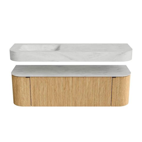 MONDIAZ THOR-DLUX 150cm badmeubel ronding links + rechts kleur Oak met 1 lade en 2 deuren. Vrijhangende wastafel CLOUD Links 1 kraangat kleur Opalo. SW1464613