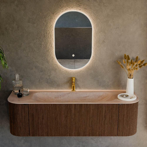 MONDIAZ KURVE-DLUX Meuble de salle de bains 150cm arrondi à gauche + à droite couleur Walnut avec 1 tiroir et 2 portes. Lavabo BIG MEDIUM Central 1 trou de robinet Saba. SW1433172