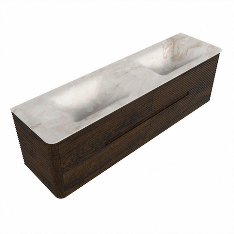 Mondiaz CIRO-DLUX Badkamermeubelset - 170x45x50cm - Solid surface wastafel Frappe - 2 wasbak Dubbel - 2 kraangaten - 4 lades - Walnut SW1530282