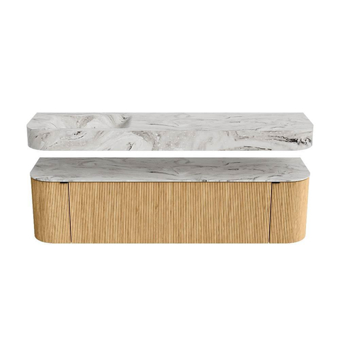 MONDIAZ THOR-DLUX Meuble de salle de bains - 170cm - arrondi gauche + droite - couleur Oak - 1 tiroir - 2 portes - Vasque suspendue CLOUD Gauche sans trou de robinet - couleur Glace SW1465437