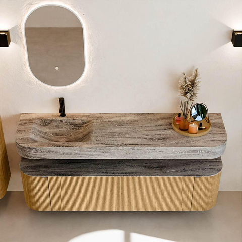 MONDIAZ THOR-DLUX 170cm badmeubel ronding links + rechts kleur Oak met 1 lade en 2 deuren. Vrijhangende wastafel CLOUD Links 1 kraangat kleur Oza. SW1465688